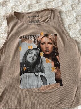 Britney Spears Ribbed Graphic Tank Top - Tan with Yellow Accents
